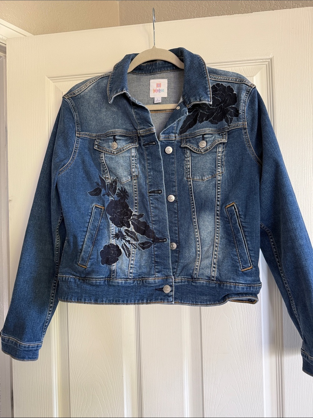 LuLaRoe Blue Denim Jacket with Black Floral Appliqué